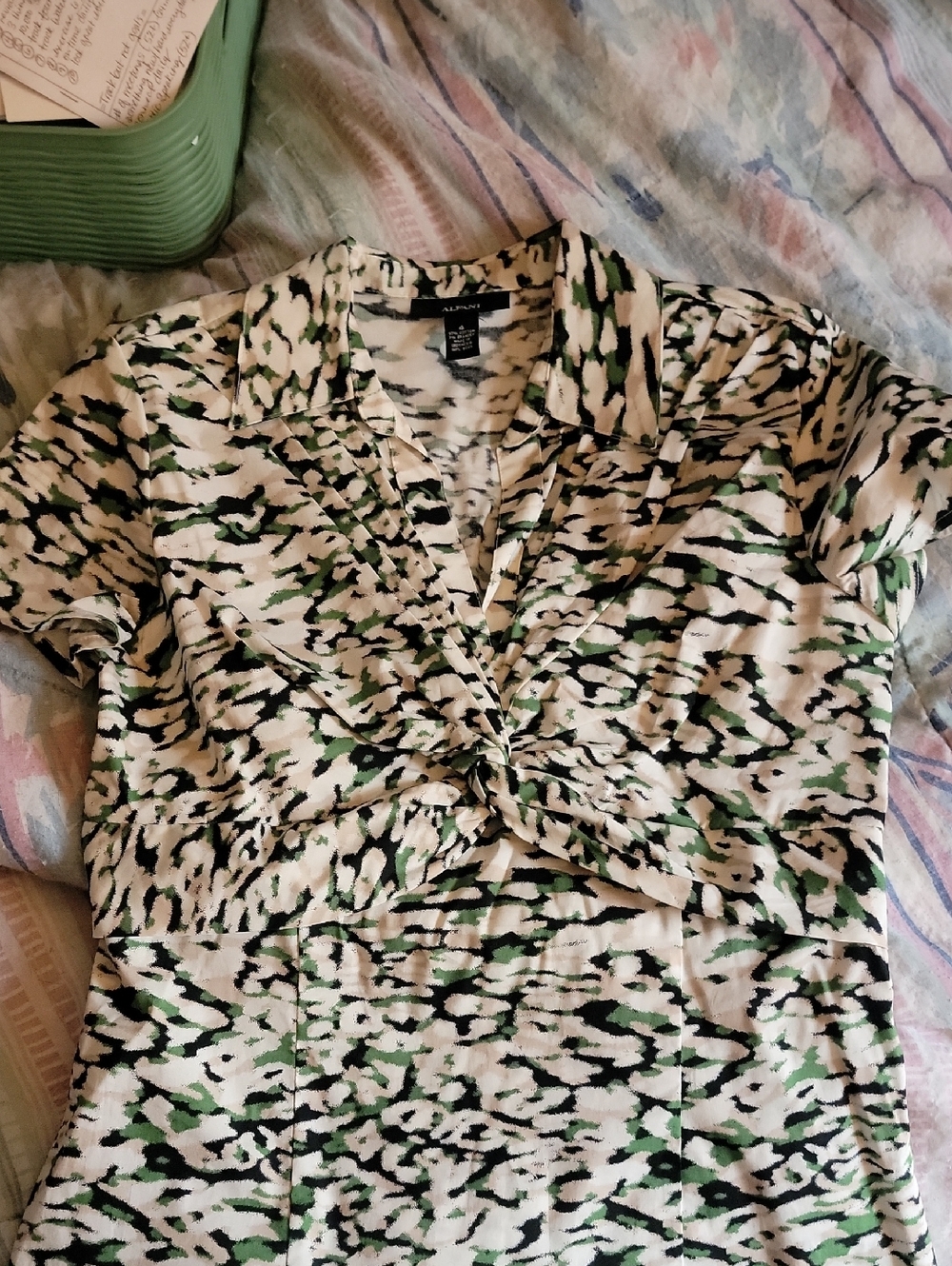 Alfani Green Black Cream Twist-Front Printed Blouse
